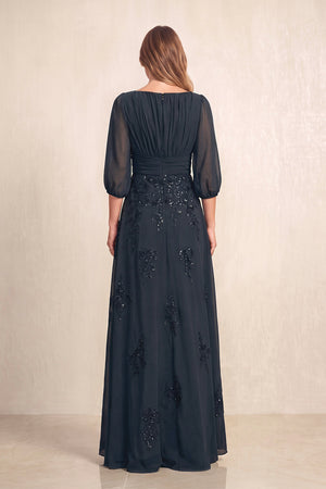Dark Navy Chiffon A-Line Embroidered Boat Neck Long Mother of the Bride Dress (2) | KISSBRIDAL