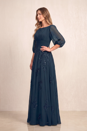 Dark Navy Chiffon A-Line Embroidered Boat Neck Long Mother of the Bride Dress (3) | KISSBRIDAL