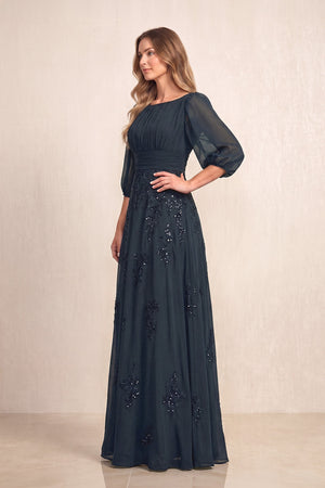 Dark Navy Chiffon A-Line Embroidered Boat Neck Long Mother of the Bride Dress (3) | KISSBRIDAL