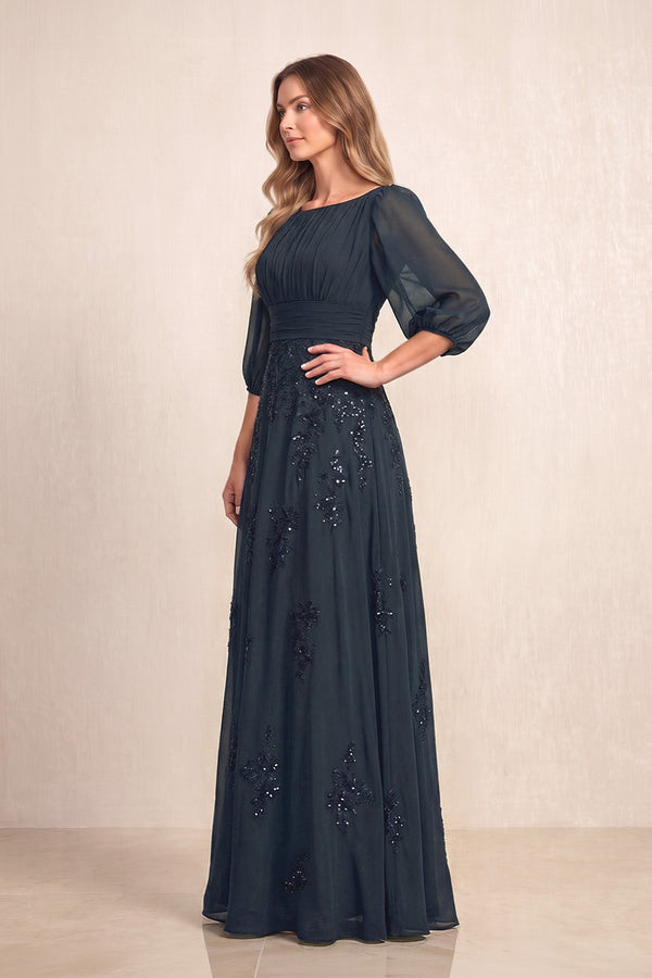 Dark Navy Chiffon A-Line Embroidered Boat Neck Long Mother of the Bride Dress (3) | KISSBRIDAL