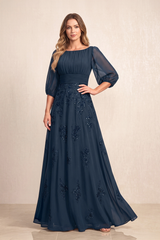 Dark Navy Chiffon A-Line Embroidered Boat Neck Long Mother of the Bride Dress | KISSBRIDAL