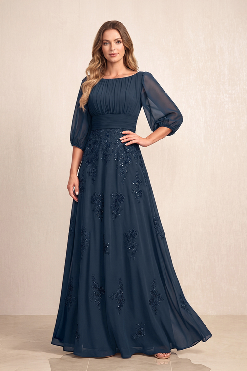 Dark Navy Chiffon A-Line Embroidered Boat Neck Long Mother of the Bride Dress | KISSBRIDAL