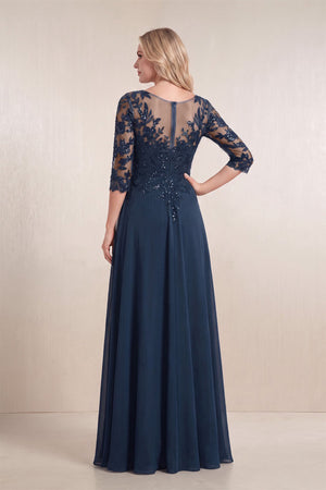 Dark Navy Chiffon A-Line Embroidered Mother of the Bride Dress With Sleeves (2) | KISSBRIDAL