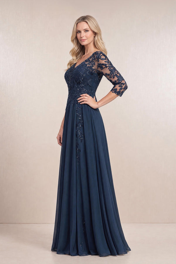Dark Navy Chiffon A-Line Embroidered Mother of the Bride Dress With Sleeves (3) | KISSBRIDAL
