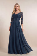 Dark Navy Chiffon A-Line Embroidered Mother of the Bride Dress With Sleeves | KISSBRIDAL
