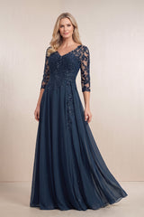 Dark Navy Chiffon A-Line Embroidered Mother of the Bride Dress With Sleeves | KISSBRIDAL