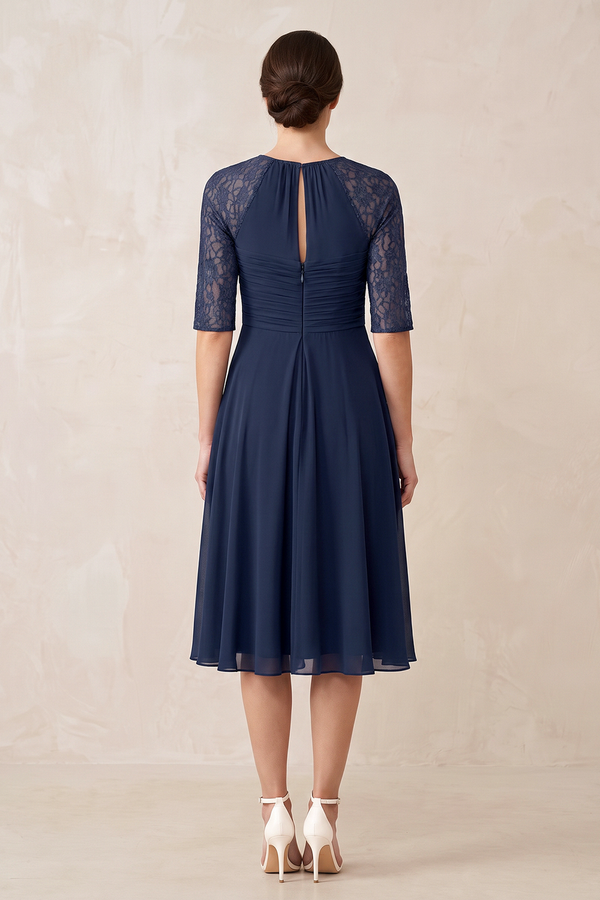 Dark Navy Chiffon A-Line Lace Pleated Midi Mother of the Bride Dress (2) | KISSBRIDAL