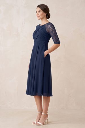 Dark Navy Chiffon A-Line Lace Pleated Midi Mother of the Bride Dress (3) | KISSBRIDAL
