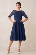 Dark Navy Chiffon A-Line Lace Pleated Midi Mother of the Bride Dress | KISSBRIDAL