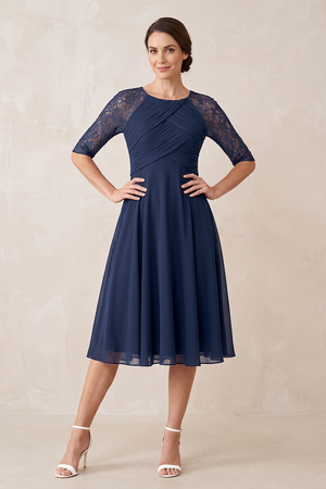 Dark Navy Chiffon A-Line Lace Pleated Midi Mother of the Bride Dress | KISSBRIDAL