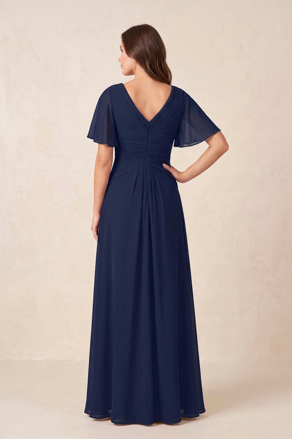 Dark Navy Chiffon A-Line Pleated V-Neck Mother of the Bride Dress with Sleeves (2) | KISSBRIDAL