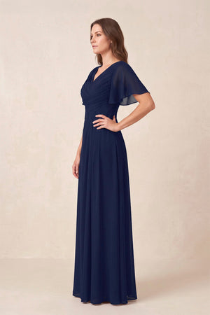 Dark Navy Chiffon A-Line Pleated V-Neck Mother of the Bride Dress with Sleeves (3) | KISSBRIDAL