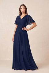 Dark Navy Chiffon A-Line Pleated V-Neck Mother of the Bride Dress with Sleeves | KISSBRIDAL