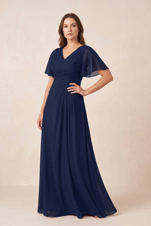 Dark Navy Chiffon A-Line Pleated V-Neck Mother of the Bride Dress with Sleeves | KISSBRIDAL