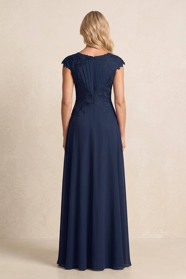 Dark Navy Chiffon Embroidered A-Line Pleated Mother of the Bride Dress (2) | KISSBRIDAL