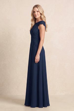 Dark Navy Chiffon Embroidered A-Line Pleated Mother of the Bride Dress (3) | KISSBRIDAL