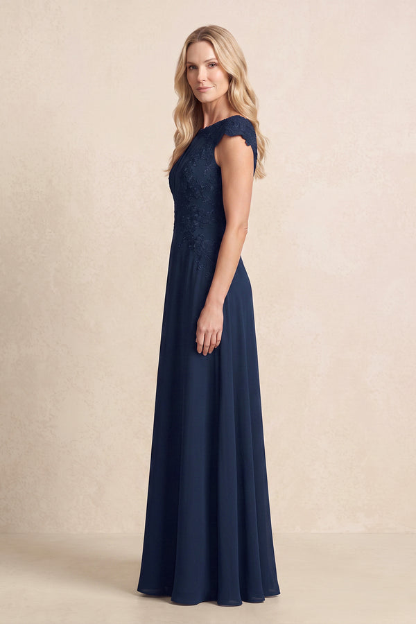 Dark Navy Chiffon Embroidered A-Line Pleated Mother of the Bride Dress (3) | KISSBRIDAL