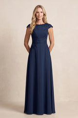 Dark Navy Chiffon Embroidered A-Line Pleated Mother of the Bride Dress | KISSBRIDAL
