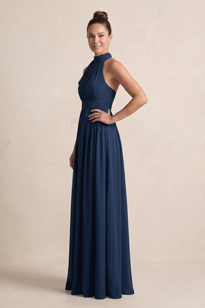 Dark Navy Chiffon Halter A-Line Mother of the Bride Dress (3) | KISSBRIDAL