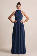 Dark Navy Chiffon Halter A-Line Mother of the Bride Dress | KISSBRIDAL