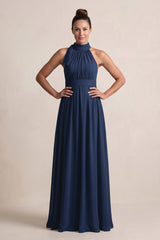 Dark Navy Chiffon Halter A-Line Mother of the Bride Dress | KISSBRIDAL