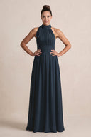 Dark Navy Chiffon Halter A-Line Mother of the Bride Dress | KISSBRIDAL