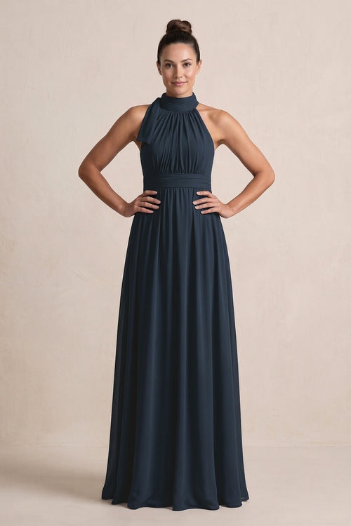 Dark Navy Chiffon Halter A-Line Mother of the Bride Dress | KISSBRIDAL
