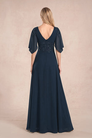 Dark Navy Chiffon Lone Sleeves A-Line V-Neck Embroidered Mother of the Bride Dress (2) | KISSBRIDAL