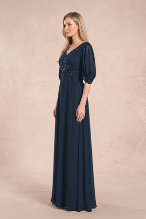 Dark Navy Chiffon Lone Sleeves A-Line V-Neck Embroidered Mother of the Bride Dress (3) | KISSBRIDAL