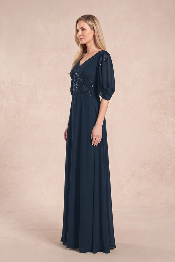 Dark Navy Chiffon Lone Sleeves A-Line V-Neck Embroidered Mother of the Bride Dress (3) | KISSBRIDAL