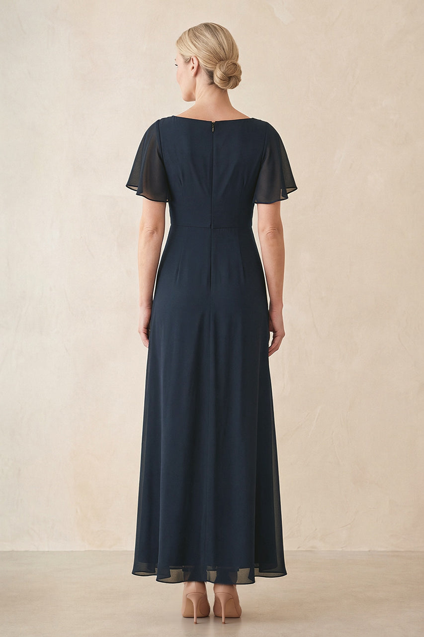 Dark Navy Chiffon Ruched A-Line Ruffled Sleeves Midi Mother of the Bride Dress