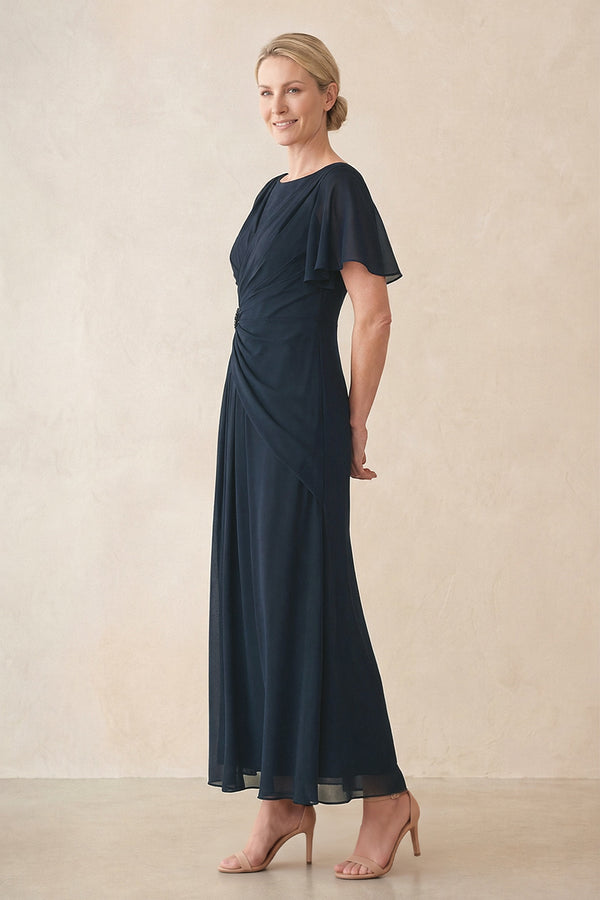 Dark Navy Chiffon Ruched A-Line Ruffled Sleeves Midi Mother of the Bride Dress (3) | KISSBRIDAL