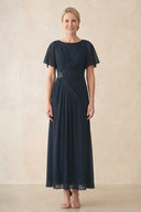 Dark Navy Chiffon Ruched A-Line Ruffled Sleeves Midi Mother of the Bride Dress | KISSBRIDAL