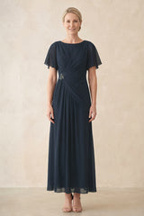 Dark Navy Chiffon Ruched A-Line Ruffled Sleeves Midi Mother of the Bride Dress | KISSBRIDAL