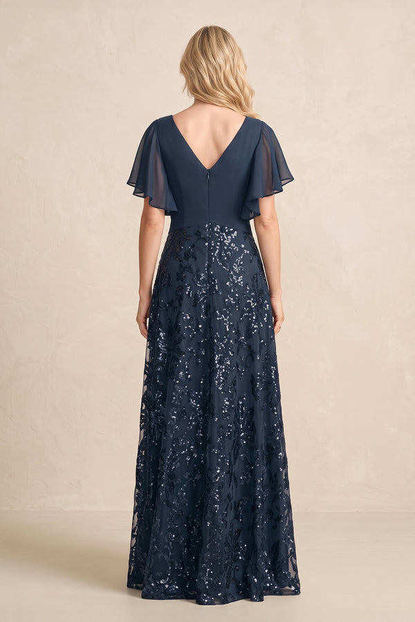 Dark Navy Chiffon V-Neck A-Line Embroidered Mother of the Brides Dress with Ruffled Sleeves (2) | KISSBRIDAL