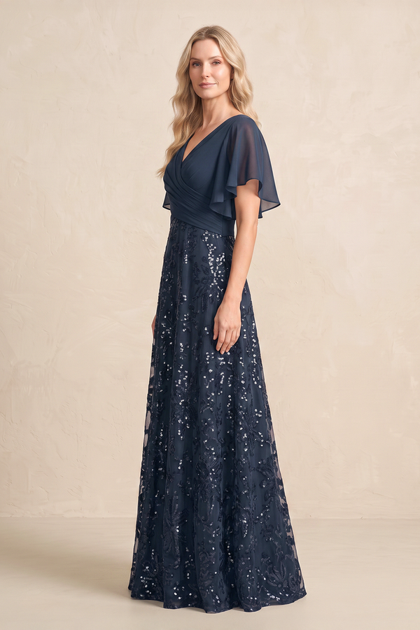 Dark Navy Chiffon V-Neck A-Line Embroidered Mother of the Brides Dress with Ruffled Sleeves (3) | KISSBRIDAL