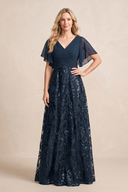 Dark Navy Chiffon V-Neck A-Line Embroidered Mother of the Brides Dress with Ruffled Sleeves | KISSBRIDAL