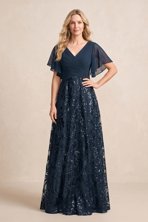 Dark Navy Chiffon V-Neck A-Line Embroidered Mother of the Brides Dress with Ruffled Sleeves | KISSBRIDAL