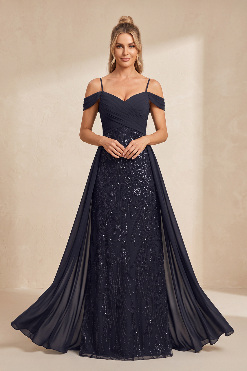 Dark Navy Cold Shoulder A-Line Chiffon Mother of the Bride Dress with Embroidered