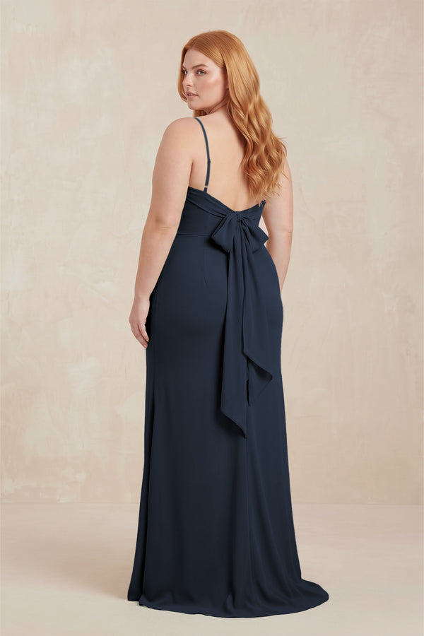 Dark Navy Cowl Neck Sheath Chiffon Bridesmaid Dress with Corset (2)  [sizeplus] | KISSBRIDAL