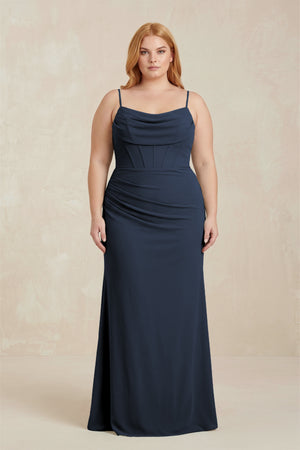 Dark Navy Cowl Neck Sheath Chiffon Bridesmaid Dress with Corset [sizeplus]  | KISSBRIDAL