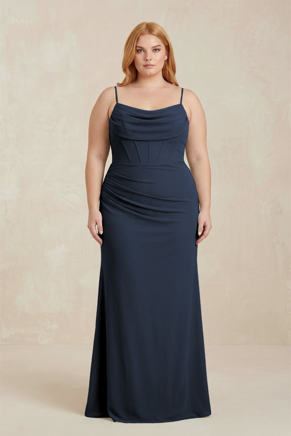 Dark Navy Cowl Neck Sheath Chiffon Bridesmaid Dress with Corset [sizeplus]  | KISSBRIDAL