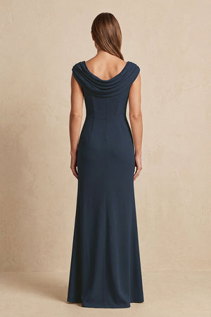 Dark Navy Cowl Neck Sheath Chiffon Mother of the Bride Dress with Slit and Cap Sleeves (2) | KISSBRIDAL