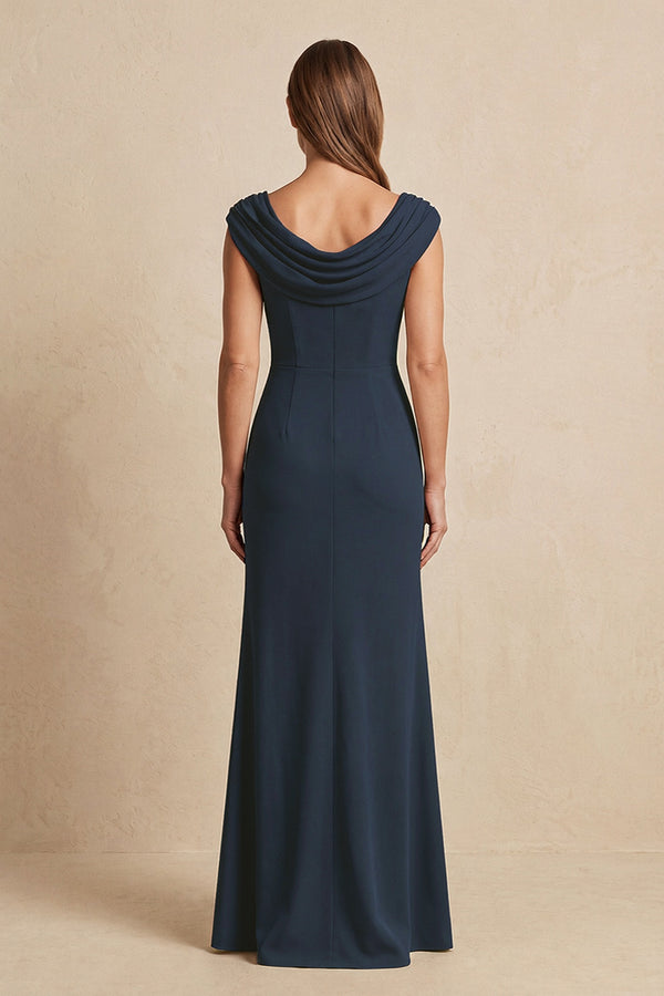 Dark Navy Cowl Neck Sheath Chiffon Mother of the Bride Dress with Slit and Cap Sleeves (2) | KISSBRIDAL