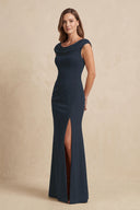 Dark Navy Cowl Neck Sheath Chiffon Mother of the Bride Dress with Slit and Cap Sleeves | KISSBRIDAL
