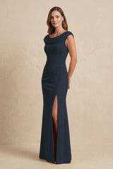 Dark Navy Cowl Neck Sheath Chiffon Mother of the Bride Dress with Slit and Cap Sleeves | KISSBRIDAL