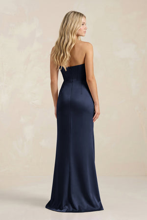Dark Navy Cowl Neck Sheath Satin Bridesmaid Dress With Detachable Sleeves | KISSBRIDAL