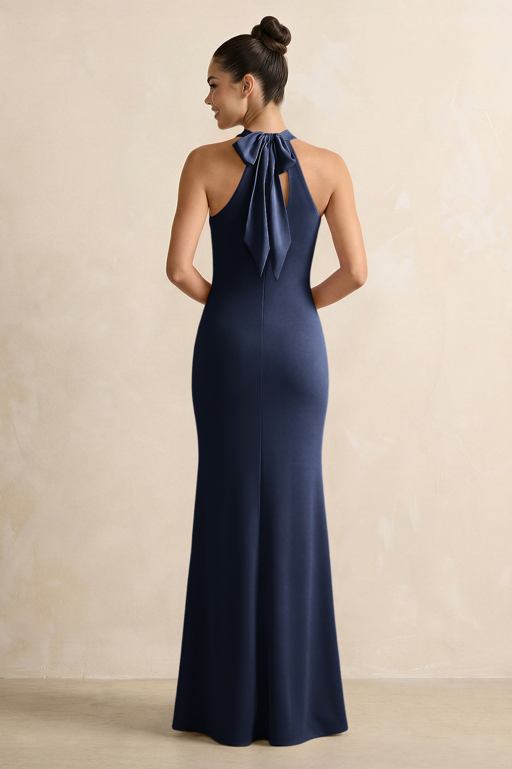 Crisscross Halter Sheath Satin Bridesmaid Dress with Bow in Dark Navy