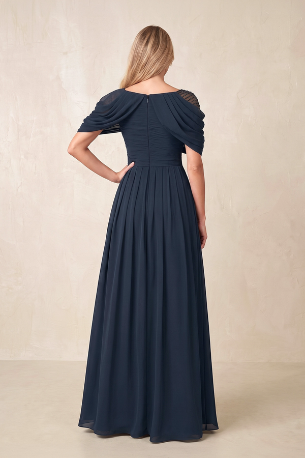 Dark Navy Draped Short Sleeves A-Line Chiffon Mother of the Bride Dress (2) | KISSBRIDAL