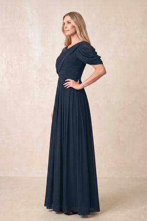 Dark Navy Draped Short Sleeves A-Line Chiffon Mother of the Bride Dress (3) | KISSBRIDAL